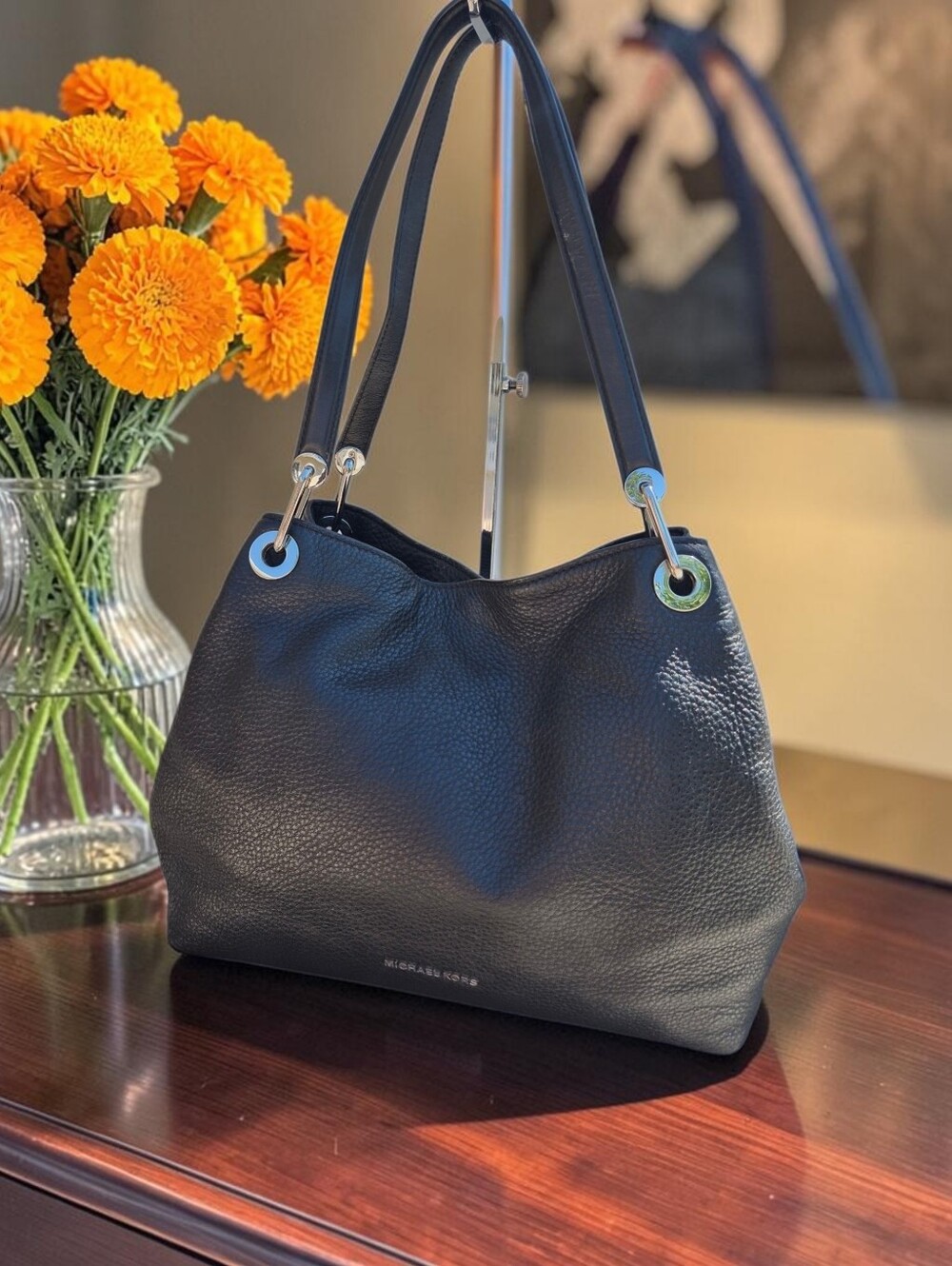 Michael Kors Black Pebbled Leather Raven Shoulder Bag